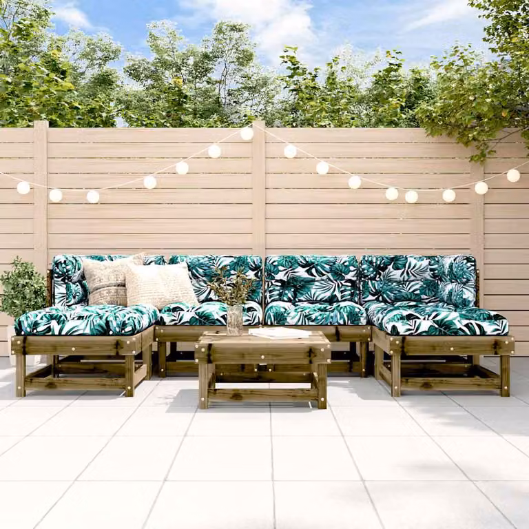 Set Salotto da Giardino vidaXL 7 pz in Legno di Pino con Cuscini e Design a L in Colore Marrone e Verde