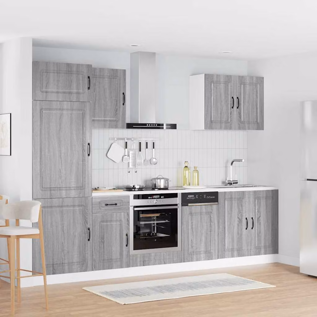 Set di mobili da cucina moderno vidaXL Kalmar composto da 7 pezzi in colore grigio e legno con ante a cerniera e cassetti, L/P/H: 207 x 60 x 57 cm