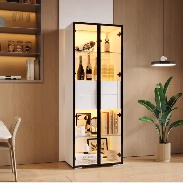 Vetrina con porta in vetro temperato LED regolabile via app due ripiani in vetro e due cassetti MDF 60 × 40 × 160 cm