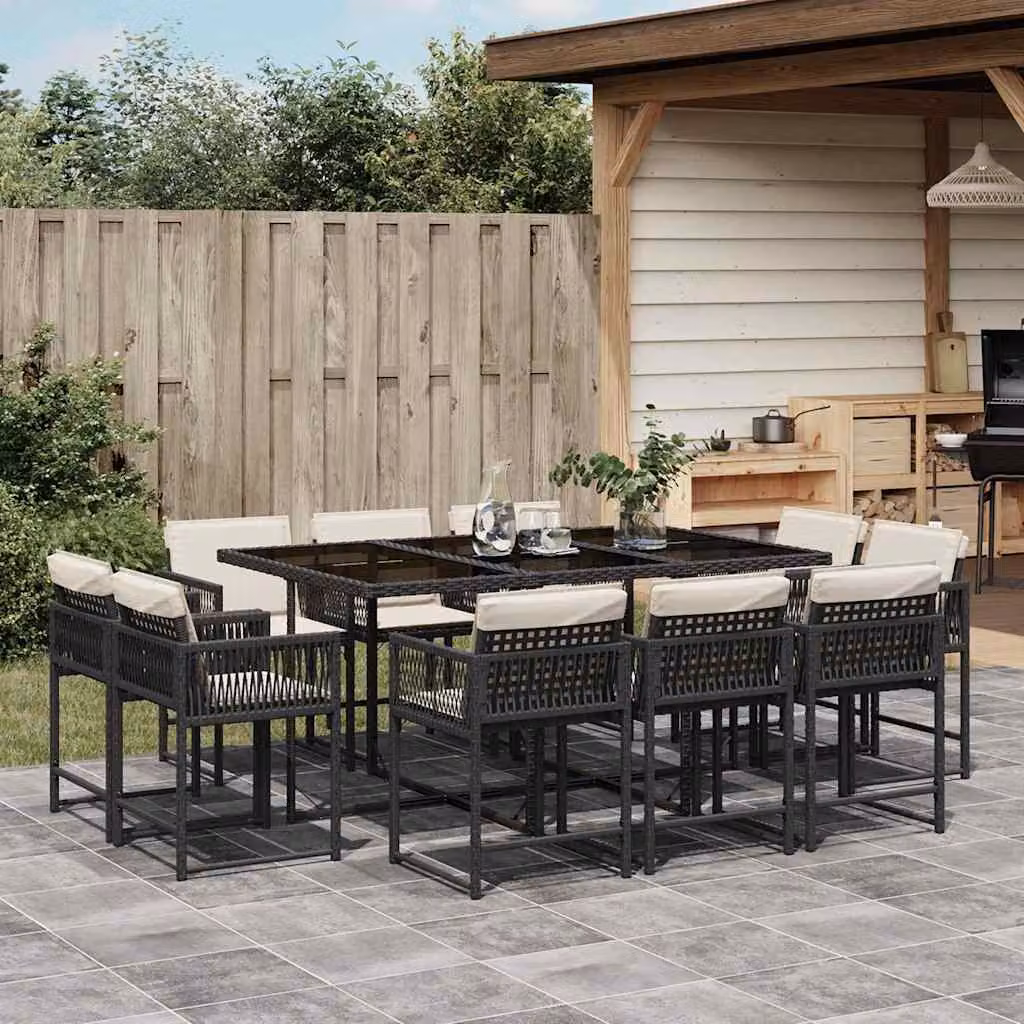 Set da Pranzo da Giardino vidaXL in Polyrattan Nero con Cuscini e Tavolo in Vetro 11 pz