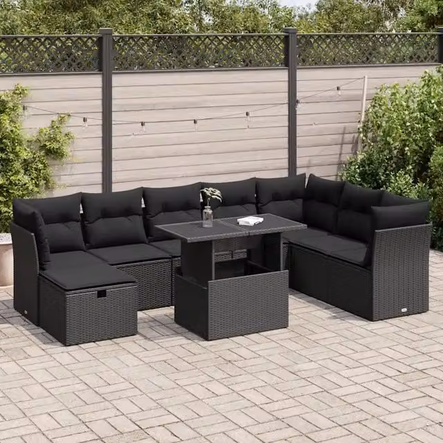 Set Divani da Giardino 9 pz con Cuscini Nero in Polyrattan 3327795