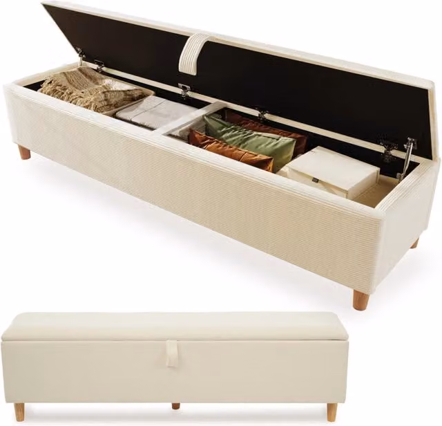 Panca contenitore 165x38x46 cm con apertura idraulica; velluto a coste beige