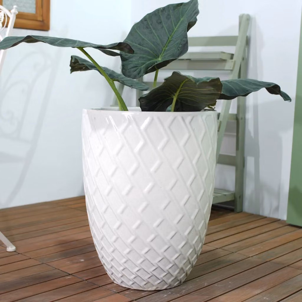 Fioriera a più livelli OKWISH in ceramica lucida bianca con motivo a rombi per piante da interno e giardino L: 42 cm, H: 54 cm – 2
