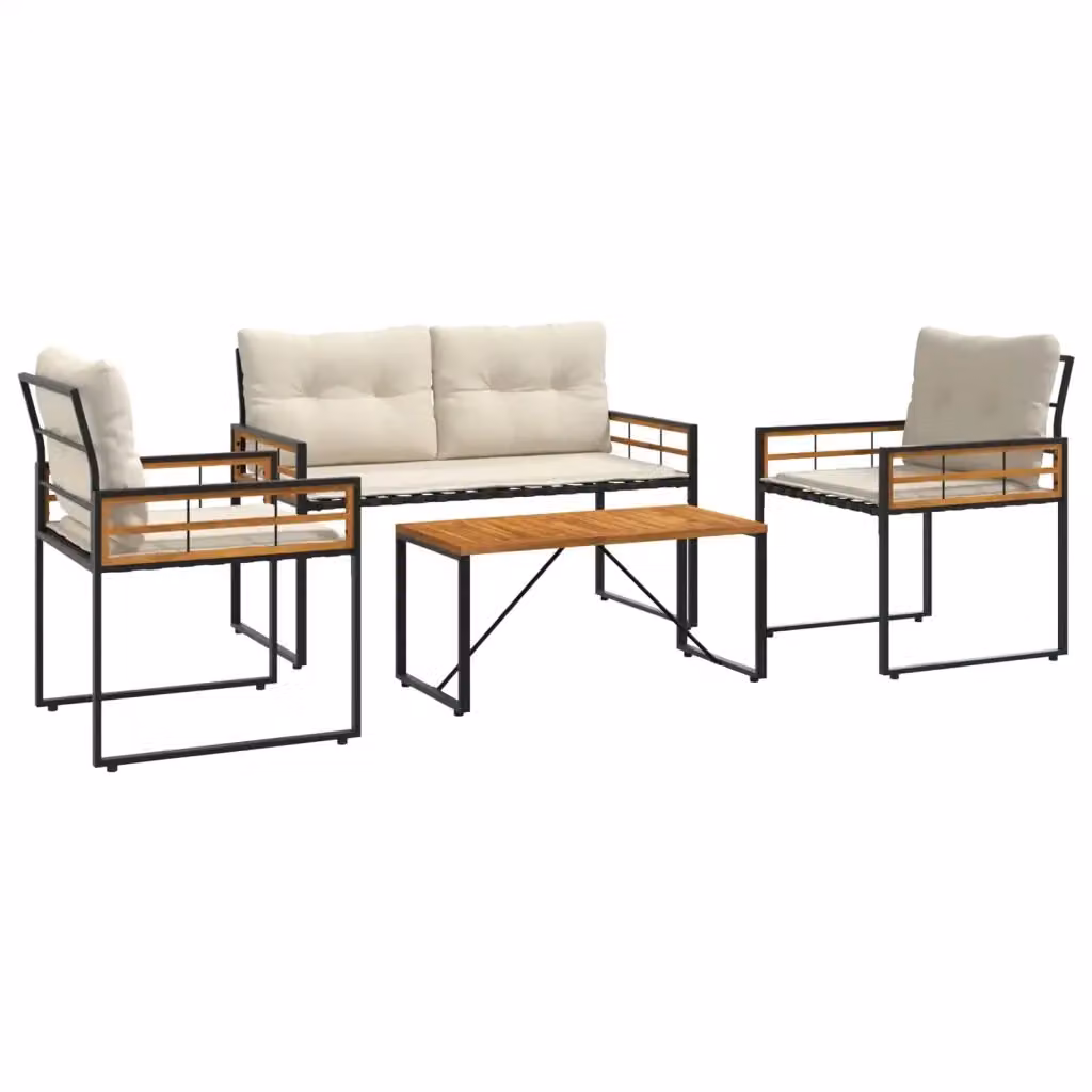 Set di mobili da esterno vidaXL in legno di acacia e acciaio verniciato con cuscini beige, composto da divano a 3 posti, divano a 2 posti, tavolino da caffè e cuscini decorativi – 2
