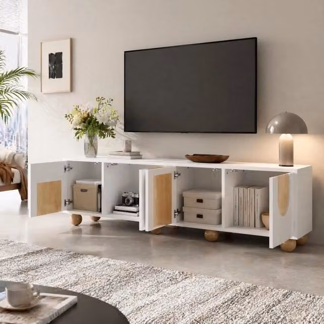 Mobile TV con quattro ante in MDF e PB, 175x38x50 cm, finitura bianco e legno naturale
