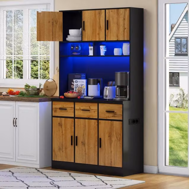 Mobile da cucina 100 x 40 x 180 cm con LED multicolore e APP; 6 ante; 3 cassetti; nero e naturale