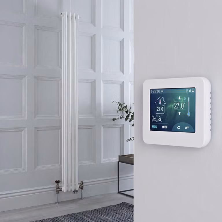 Radiatore Misto Verticale Doppio Regent Bianco con Valvole in Nichel Satinato, Termostato WiFi e Display Touchscreen, H: 150 cm, L: 20 cm