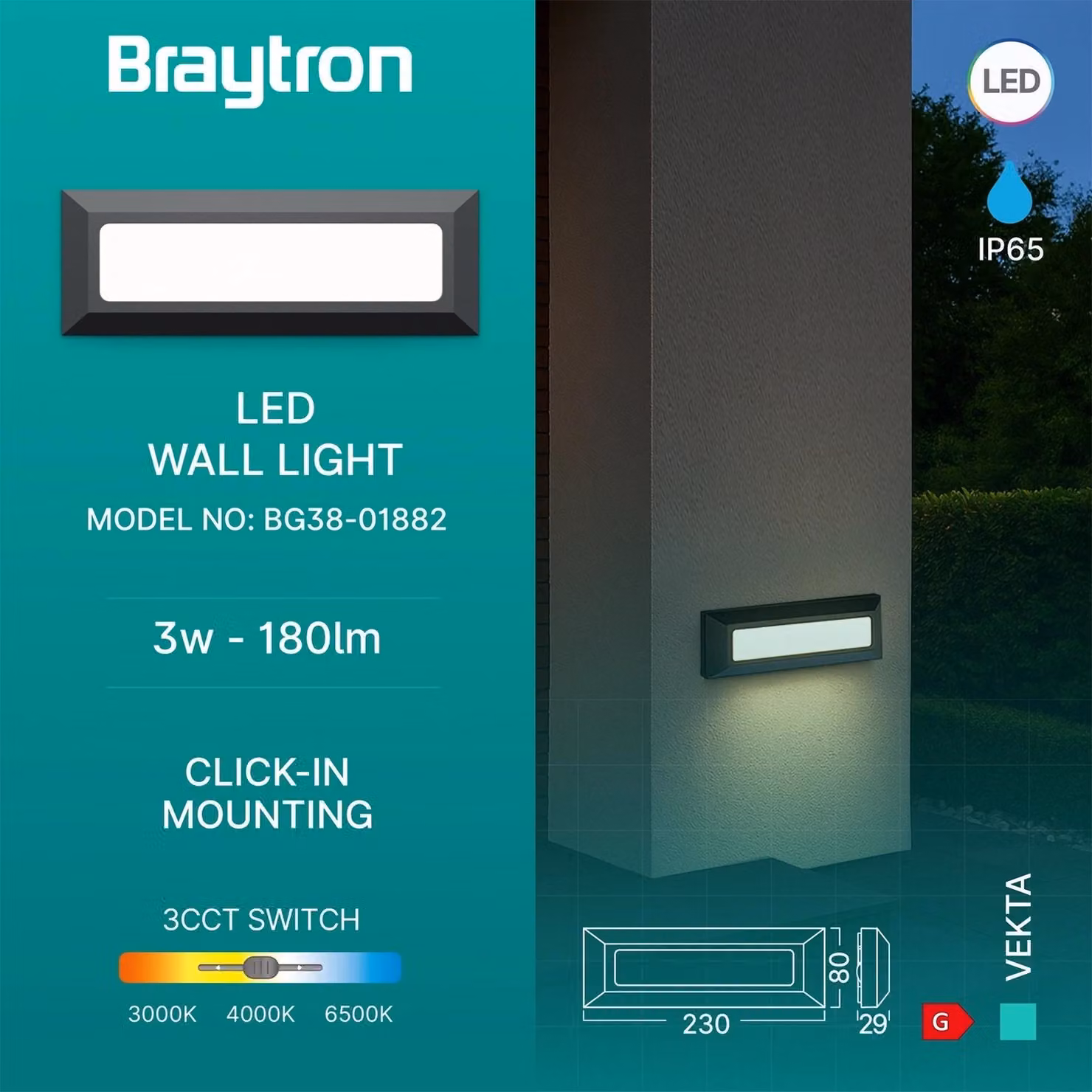 Braytron Applique a LED nera per esterni IP65 – 3W | Temperatura di colore 3 in 1 | Illuminazione per gradini e scale