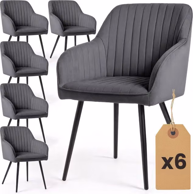 Set di 6 Sedie in velluto con cuciture verticali FLORENCE Grafite gambe nere
