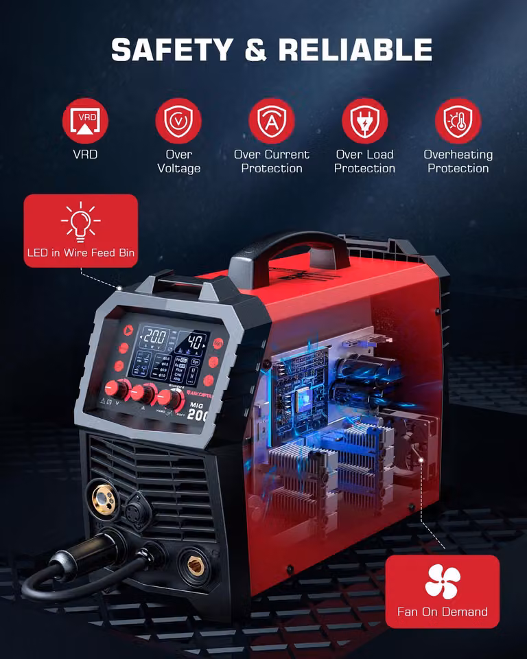 Saldatrice MIG MIG200 - Inverter 6-in-1, 200A, 220V - MMA Lift TIG - Adatta all'uso con o senza gas - 2T/4T - Alimentatore di filo da 2,0 a 15 m/min - Spina europea