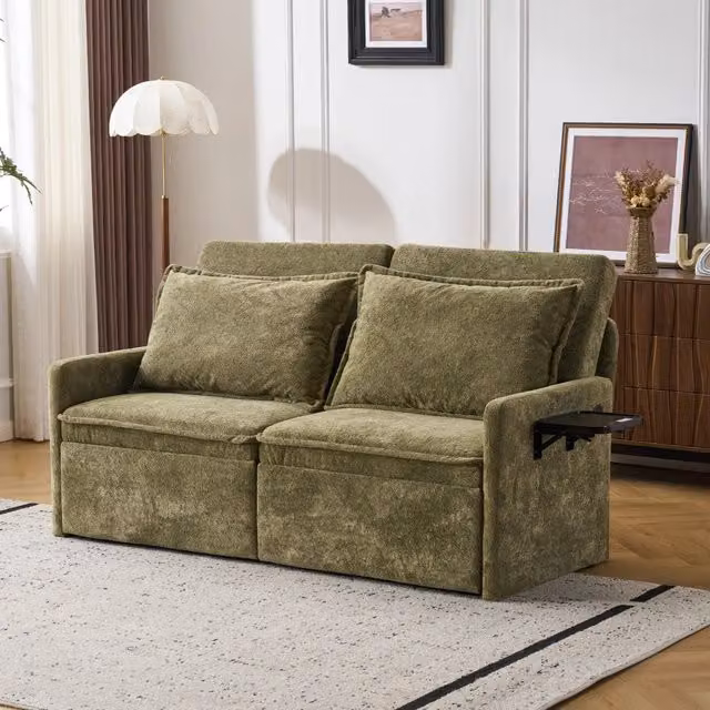 Divano letto 3 in 1 con contenitore e USB ¨C Xylo ¨C Tessuto ciniglia verde con schienale regolabile