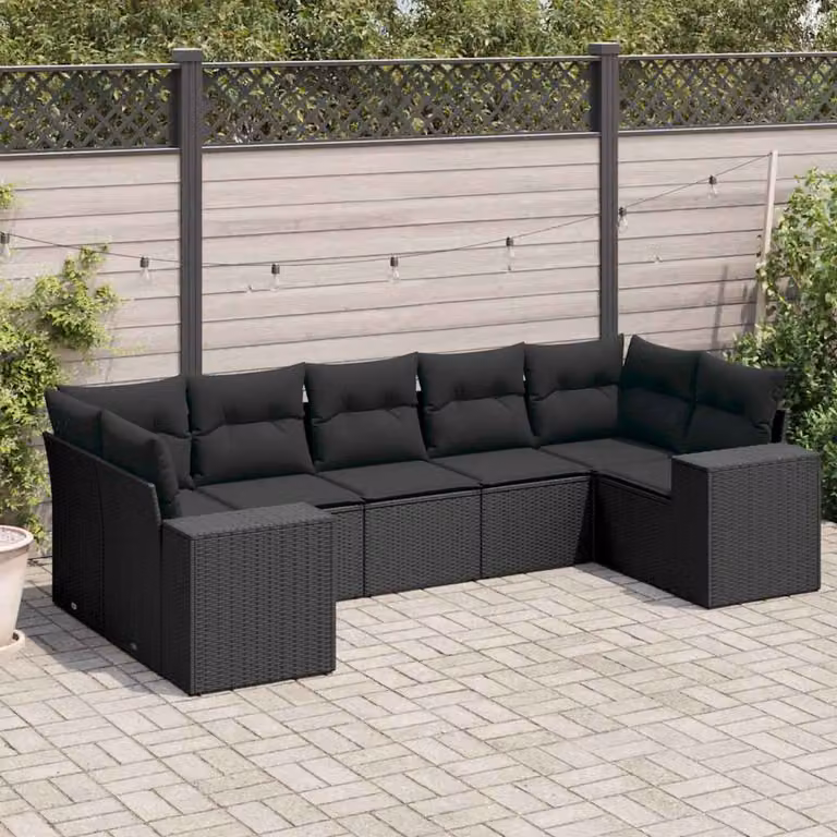 Set Divani da Giardino a L vidaXL con 7 Cuscini Neri in Polyrattan e Metallo