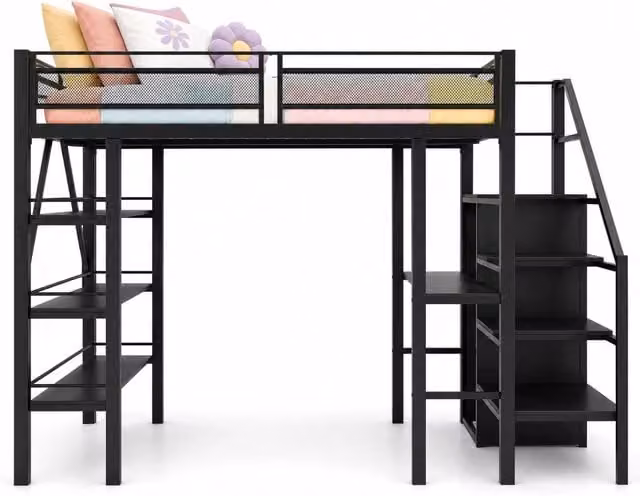 Letto a soppalco 140x200 cm con scrivania; armadio e scaffale in metallo nero