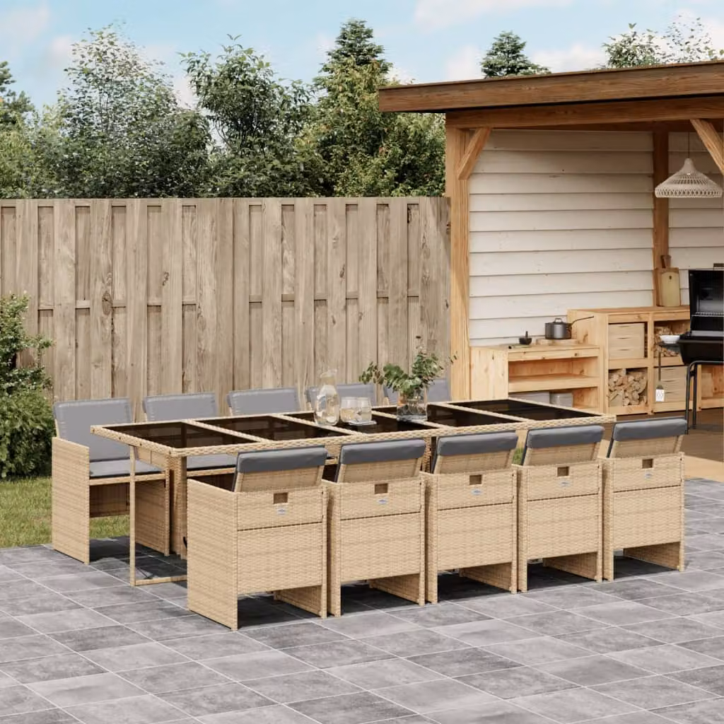 Set Pranzo da Giardino vidaXL in Polyrattan con Cuscini Beige e Grigio e Tavolo in Vetro 11 pz – 1