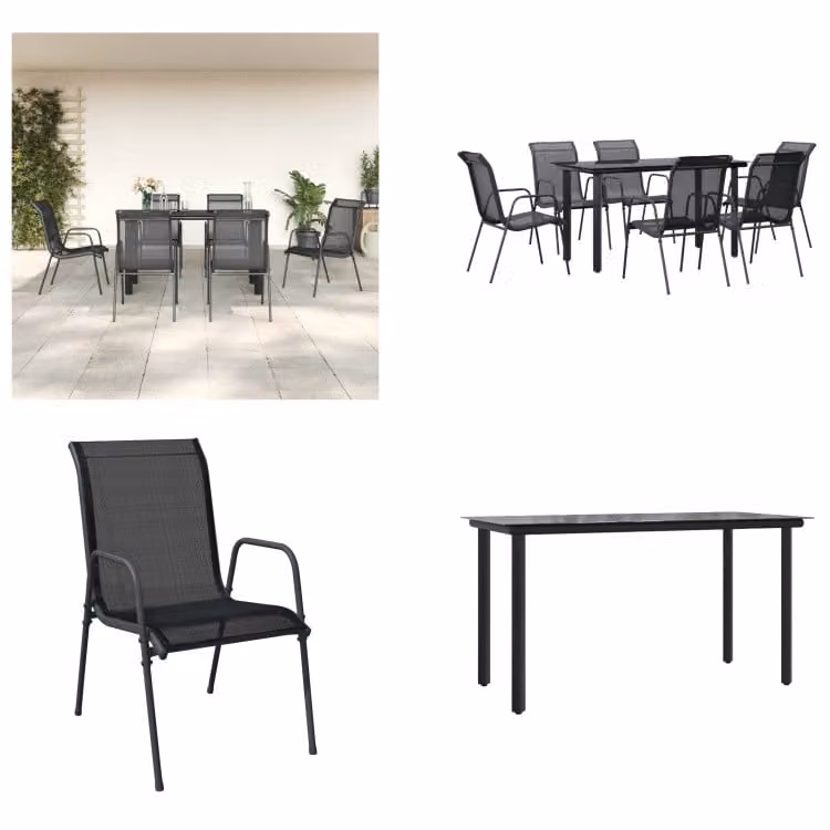 vidaXL set da pranzo da giardino 7 pezzi acciaio nero e textilene - set da pranzo da giardino - gruppo di sedute da giardino - gruppo di sedute da esterno - tavolo da giardino