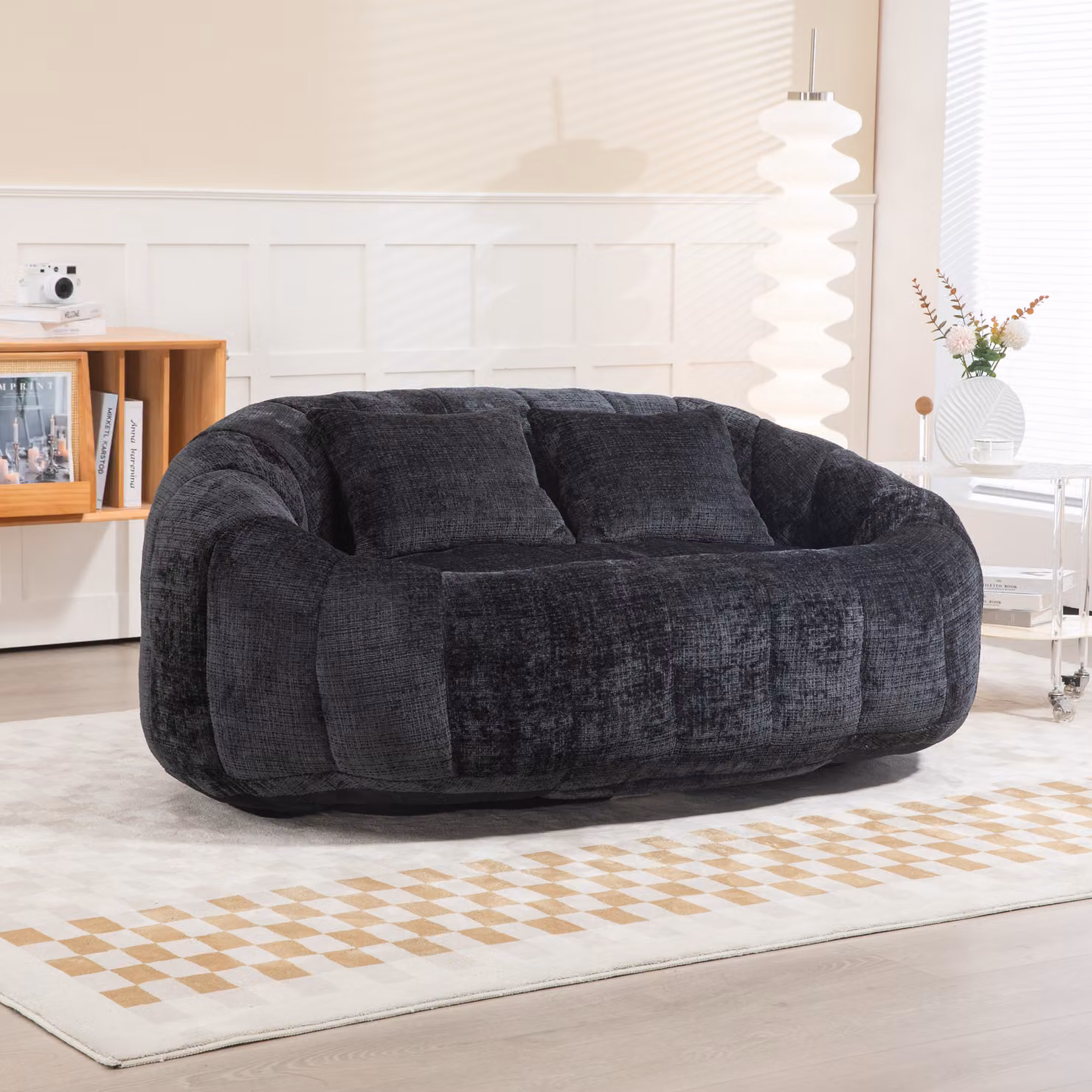 STILVORA: Divano modulare a sacco, estremamente ampio, con 2 cuscini; poltrona relax imbottita; divano angolare rivestito in tessuto chenille, colore nero