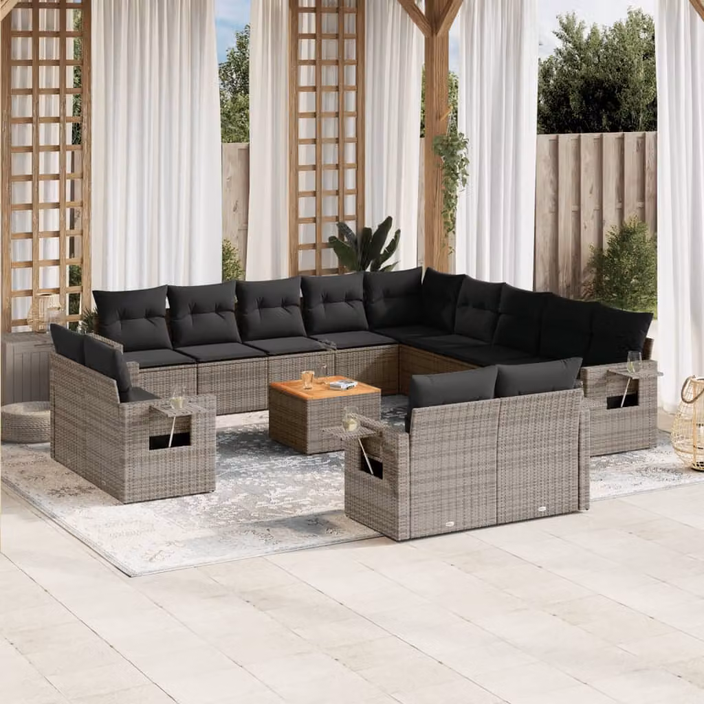 vidaXL Set Divani da Giardino a L in Polyrattan Grigio con Cuscini e Tavolino da Esterno – 1