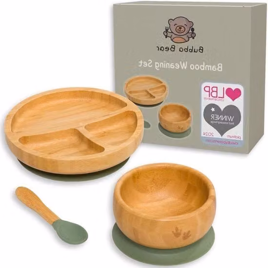 Set di piatti divisi in bambù e silicone marrone con cucchiai per l'alimentazione dei bambini, senza BPA e riutilizzabile