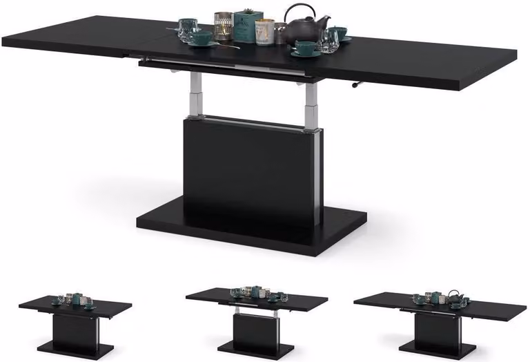 Tavolino All4All Asti nero/nero lucido, tavolino da caffè, tavolo da soggiorno, regolabile in altezza, con ripiani, allungabile, tavolo da divano, 120x70cm
