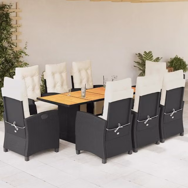 Set da pranzo da giardino vidaXL in polyrattan nero e legno di acacia con 9 pezzi – 1