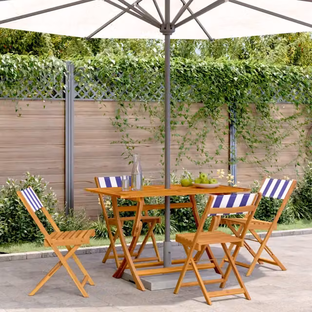 Set di 4 sedie pieghevoli vidaXL in legno di acacia oliato con tessuto a righe blu e bianco stile marittimo