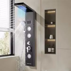 Pannello doccia Jayseuw con rubinetto, sistema doccia 5 in 1 Set doccia multifunzionale con doccetta doccia massaggiante Doccia a cascata Rubinetto doccia a pioggia, nero