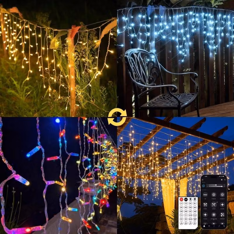 10m Luci di Natale per esterni, Tenda di luci LED per esterni in bianco caldo e bianco RGB, Catena di luci a ghiacciolo per esterni con telecomando e app, 17 modalità+4 livelli di luminosità+timer
