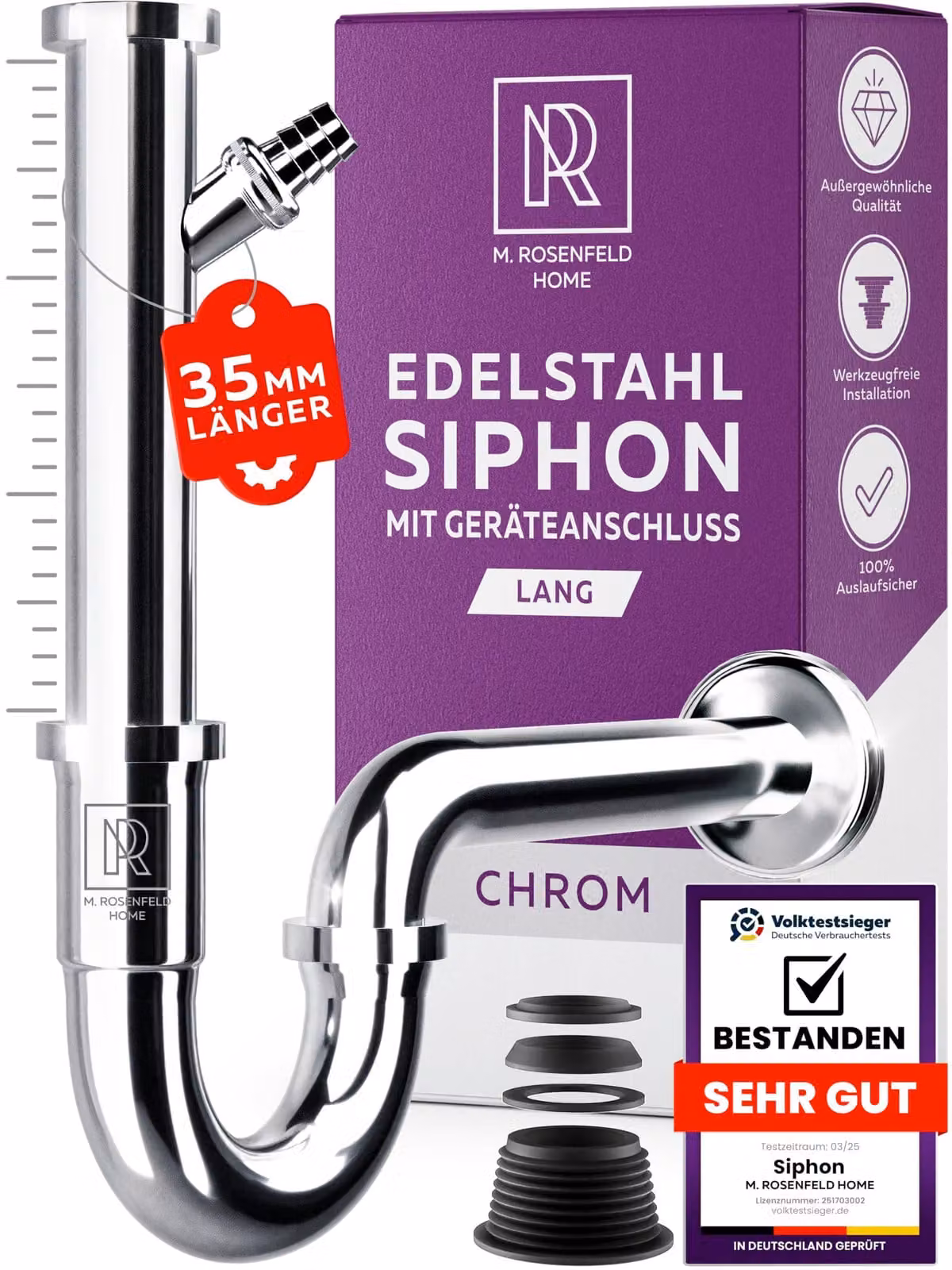 Sifone per lavabo con attacco per elettrodomestici da 1 1/4" – 35mm, in acciaio inossidabile. Sifone per lavatrice – Montaggio semplice, altezza regolabile, rosone a parete e guarnizione in gomma