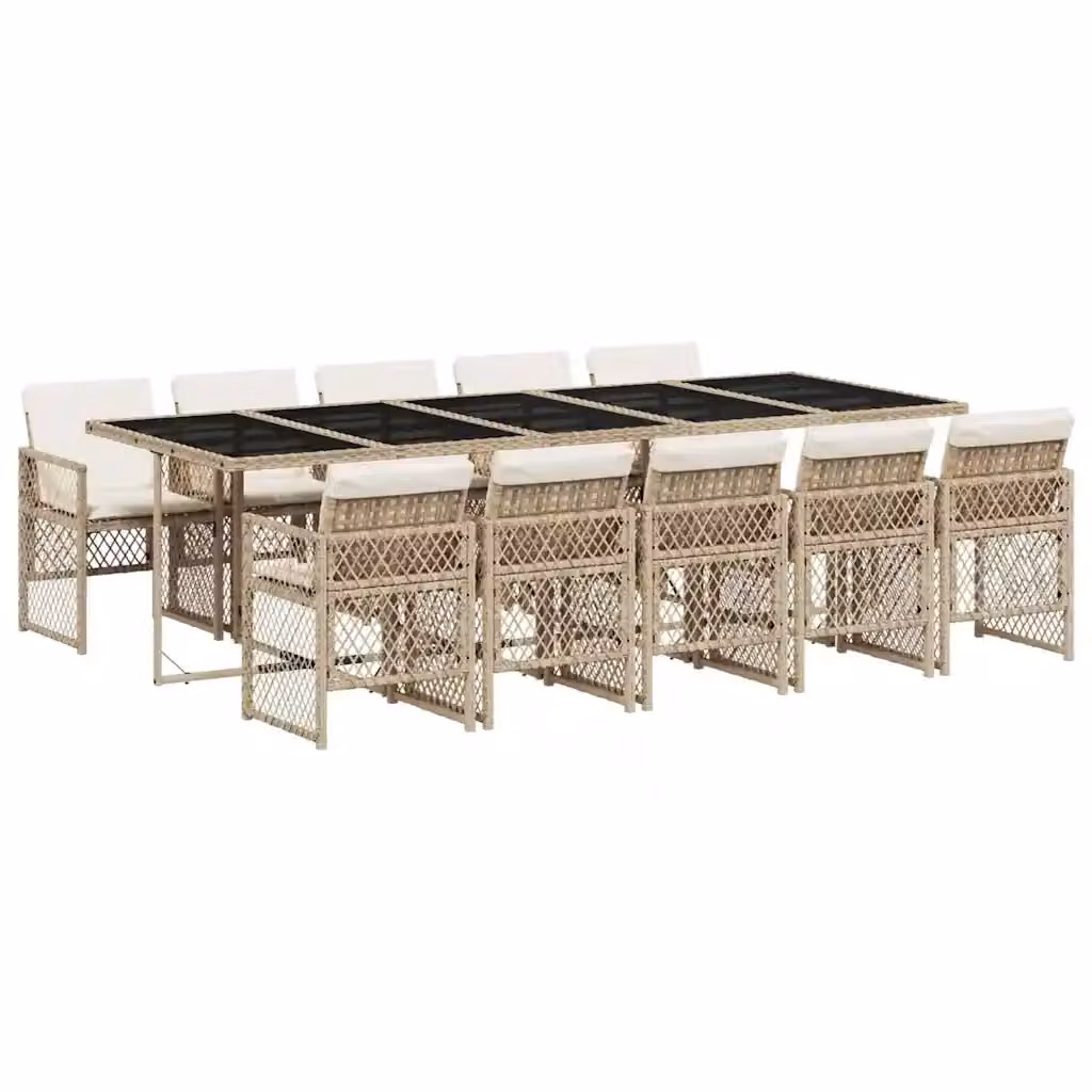 Set da Pranzo da Giardino vidaXL in Polyrattan con Cuscini Beige e Tavolo in Vetro, 11 Pezzi – 2