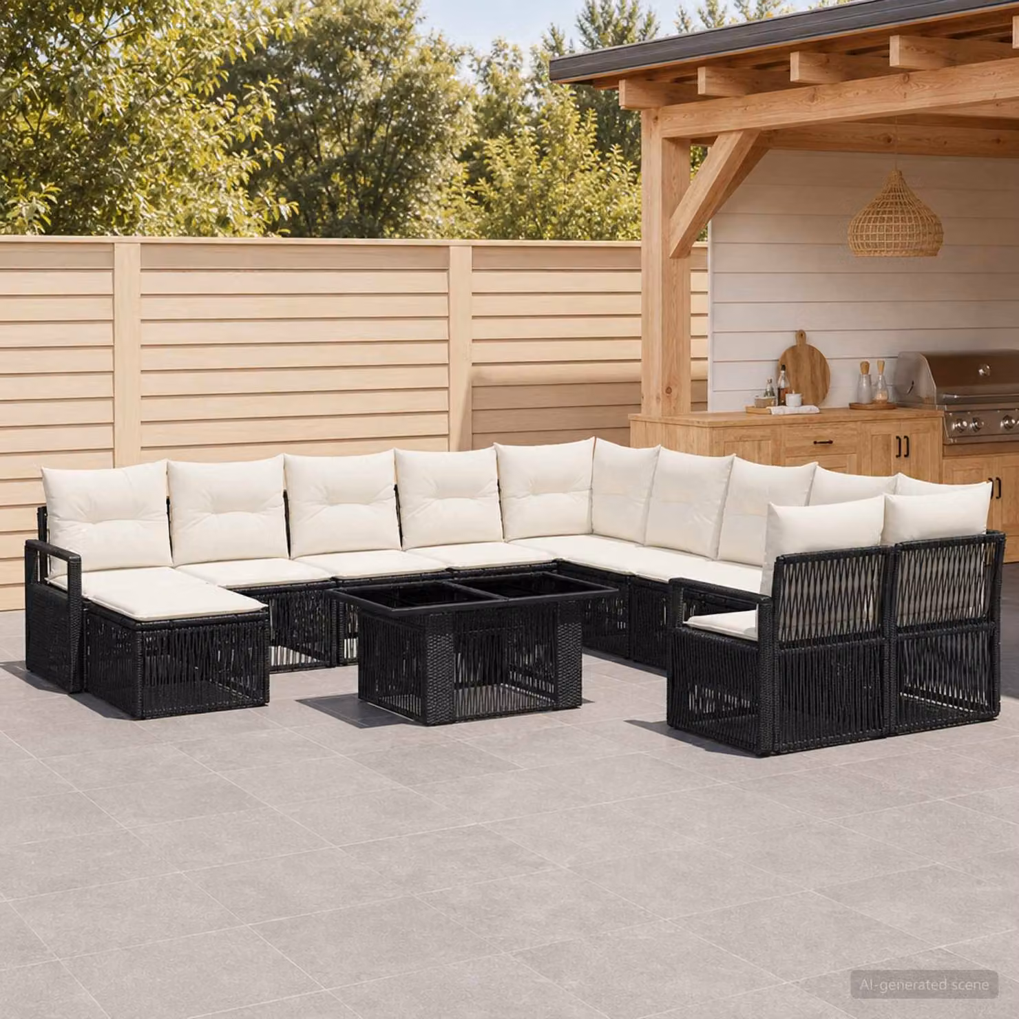Set Divano da Giardino vidaXL 12 Pezzi in Polyrattan Nero e Bianco Crema con Tavolino e Cuscini