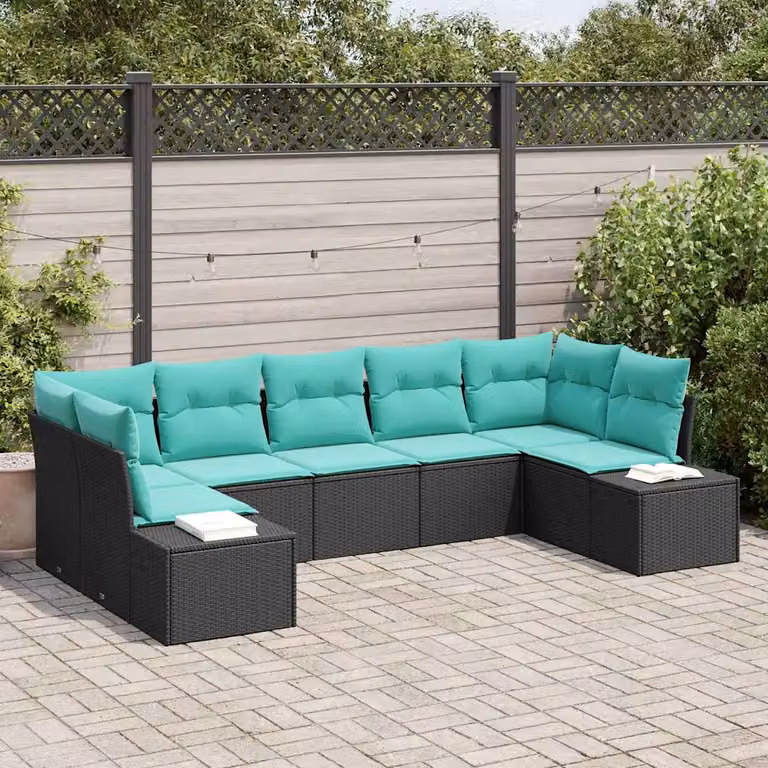vidaXL Set Divano da Giardino a Forma di U da 7 Posti con Cuscini Nero e Turchese