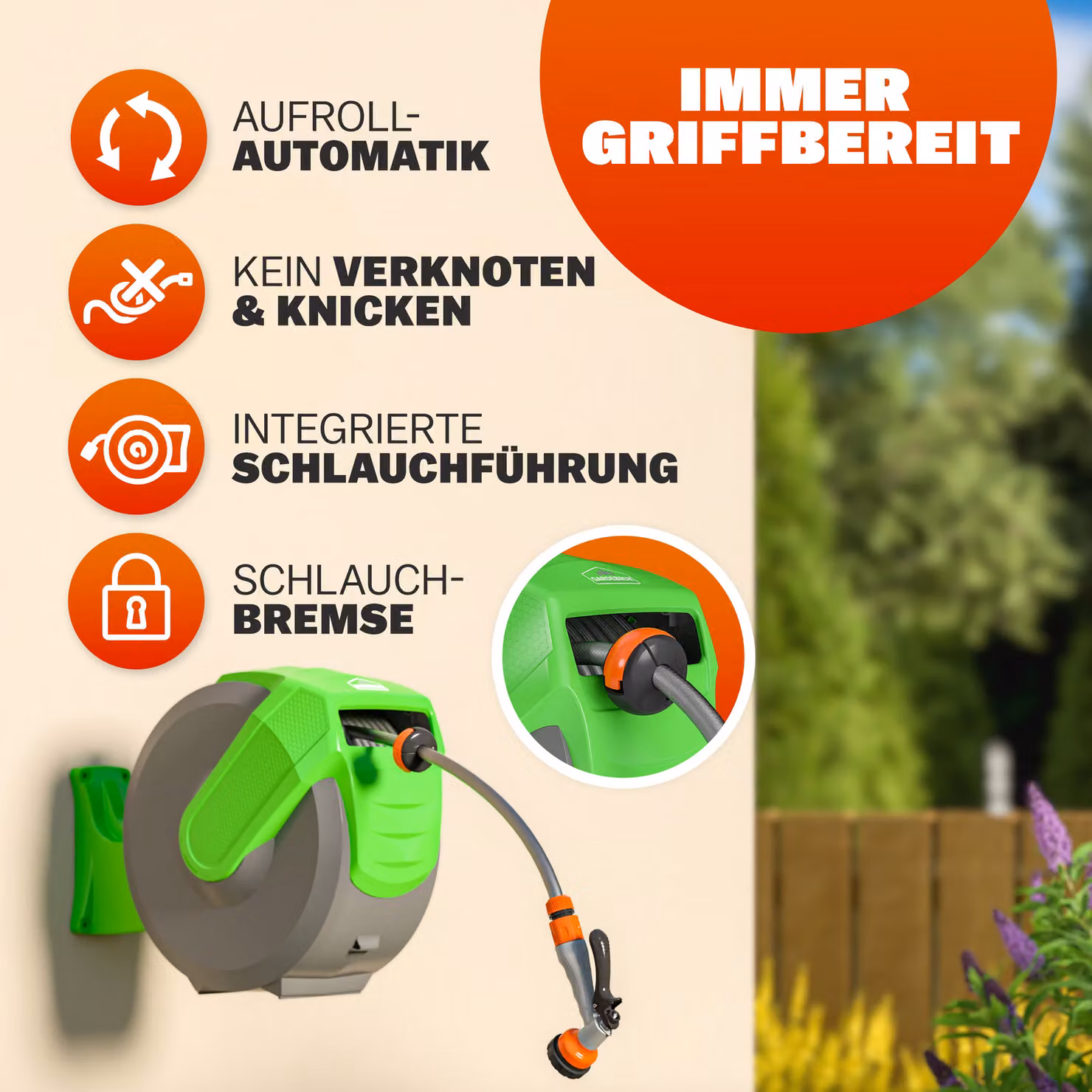 Avvolgitubo da giardino automatico Gardebruk con flow control, verde, 30 m – 3
