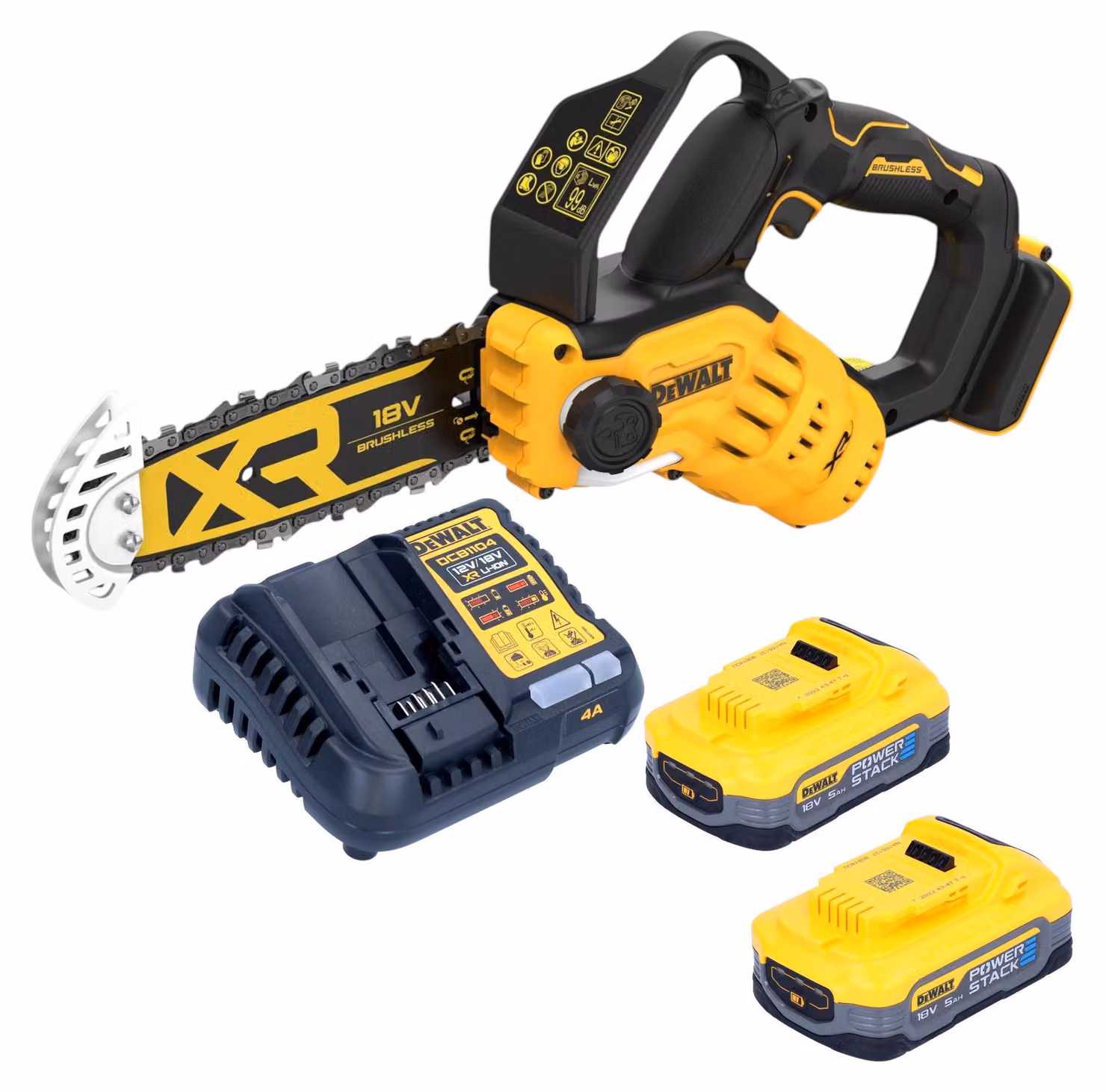 Sega per potatura a batteria DeWalt DCMPS 520 H2 18 V 20 cm senza spazzole + 2x batteria Powerstack 5,0 Ah + caricabatterie