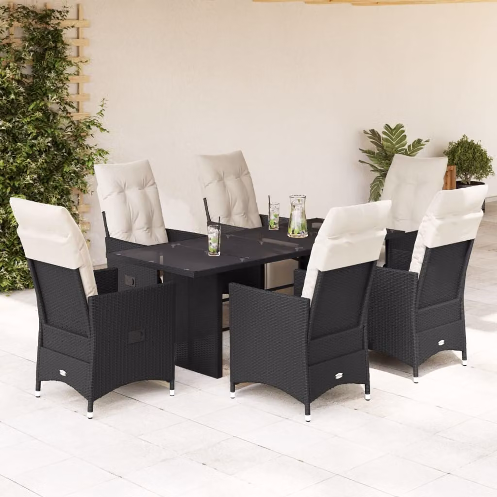 Set da Pranzo da Giardino 7 pz vidaXL in Polyrattan Nero con Cuscini e Tavolo in Vetro – 1