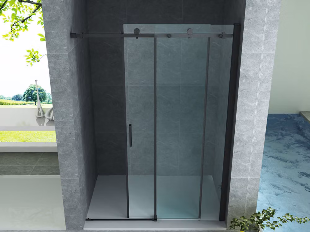 Porta scorrevole in vetro trasparente, modello Aloni, con finitura nera opaca, dimensioni 140x200 cm