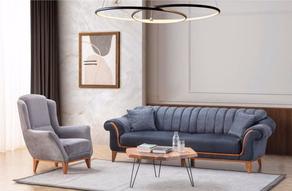 Blau-Graue Wohnzimmer Sitzgarnitur Stilvoller 3-Sitzer Luxus Sessel 2tlg