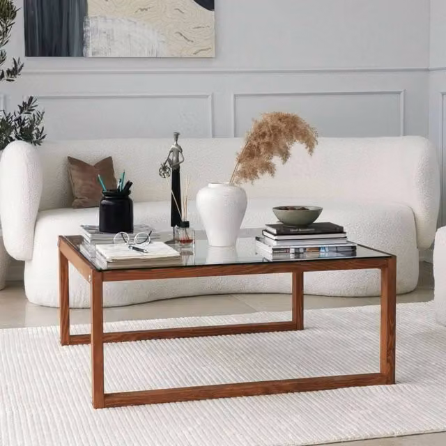 Tavolino da salotto moderno DMORA con piano in vetro trasparente e struttura in legno marrone, L/P/H: 90 x 90 x 40 cm – 1