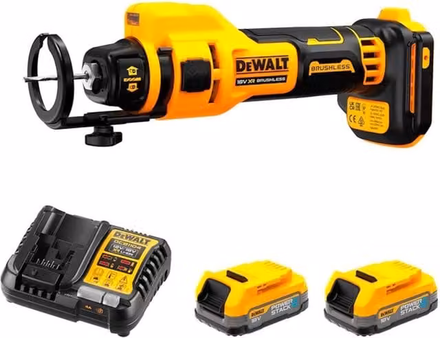 Sega da taglio per cartongesso DeWALT DCE555E2-SK gialla con 2 batterie Powerstack da 1,7 Ah e caricabatterie DCB1104 – 1