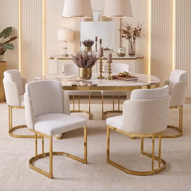 Set di 2 sedie da pranzo in ciniglia beige e oro