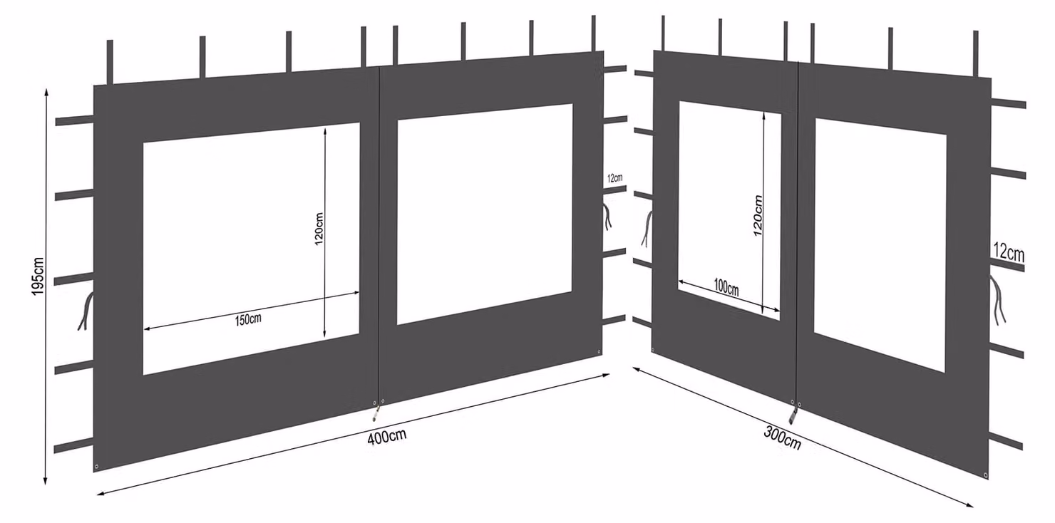 2 pannelli laterali in poliestere con finestra, dimensioni 300/400x195 cm, per gazebo di 3x4 metri, colore grigio antracite RAL 7012, impermeabili