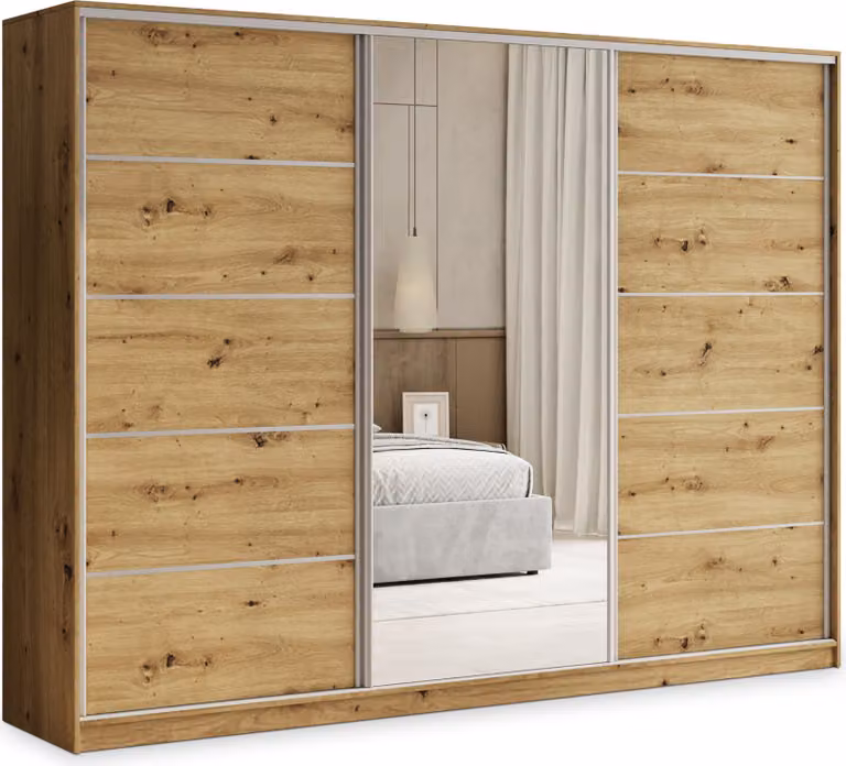 Armadio scorrevole Masseno PINA 270/205/58 cm Armadio con 4 cassetti Armadio per camera da letto a 3 ante con specchio Rovere Artisan