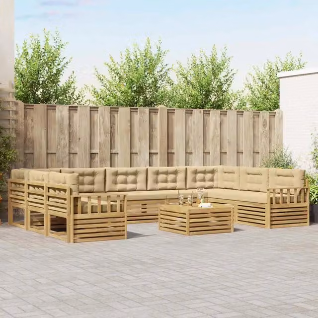 Set di divani da esterno a L con tavolino vidaXL in legno di acacia, Bianco e Beige