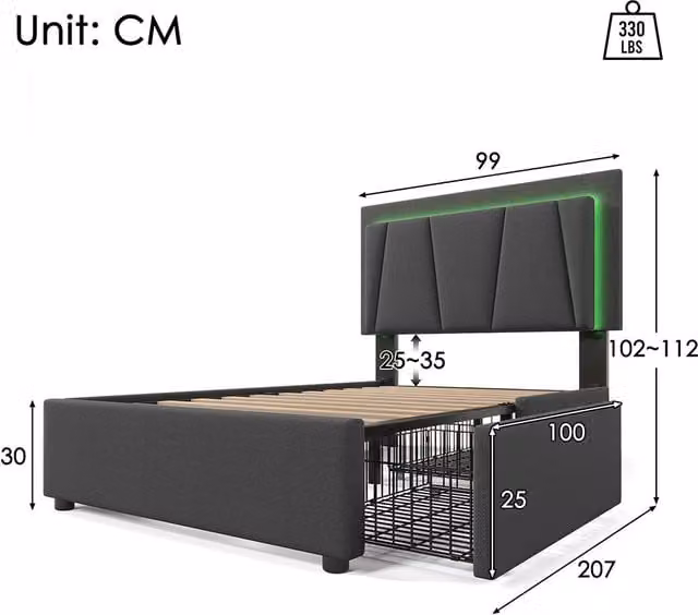 Letto singolo imbottito moderno con illuminazione LED sottostante e cassetti, L/P/H: 90 x 200 x 112 cm, Grigio o Beige