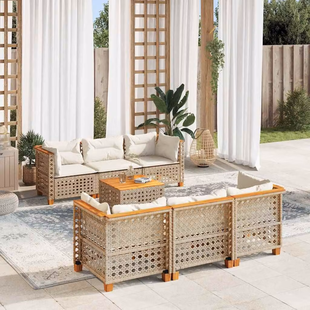 vidaXL Set Divani da Giardino 7 pz in Polyrattan con Cuscini Beige e Tavolino – 1