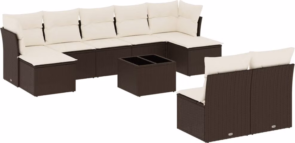 Set Divani da Giardino 10pz con Cuscini in Polyrattan Marrone