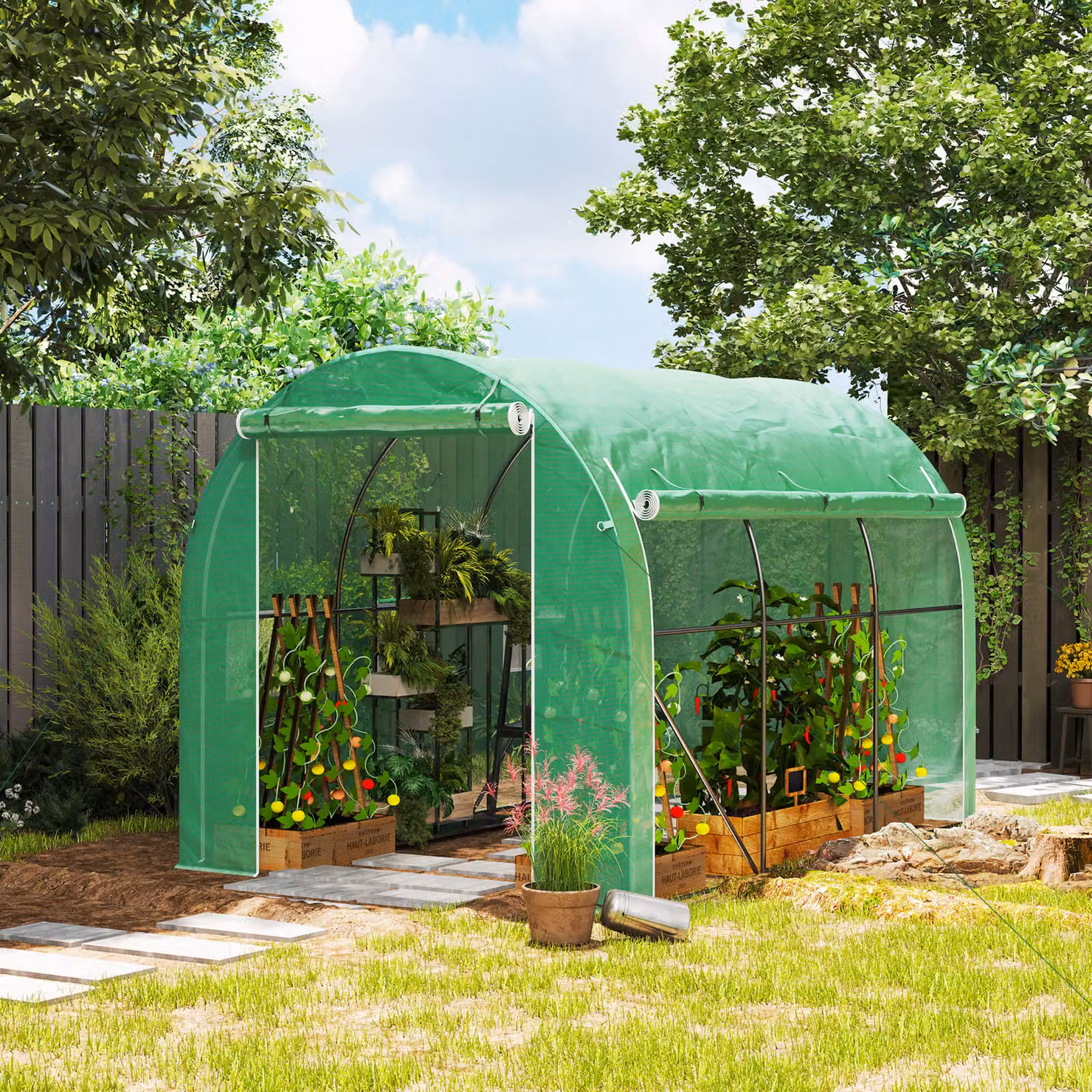 Outsunny Serra a tunnel da giardino verde con 1 porta, 2 pareti laterali zippate arrotolabili e 6 finestre, L: 3 m, P: 2 m, H: 2 m – 2
