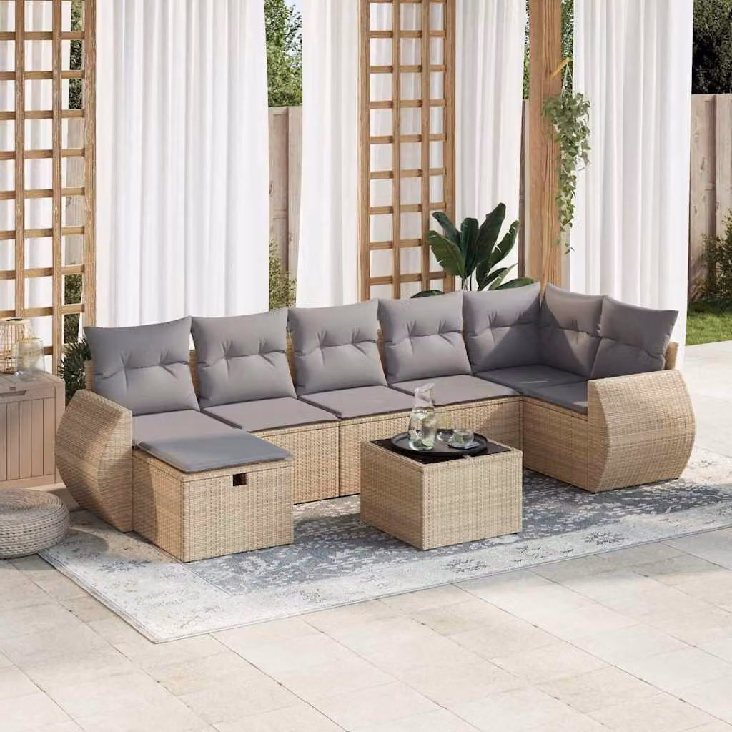 vidaXL Set Divano da Giardino 8 pz a Forma di L con Cuscini Beige e Tavolino, Polyrattan e Metallo