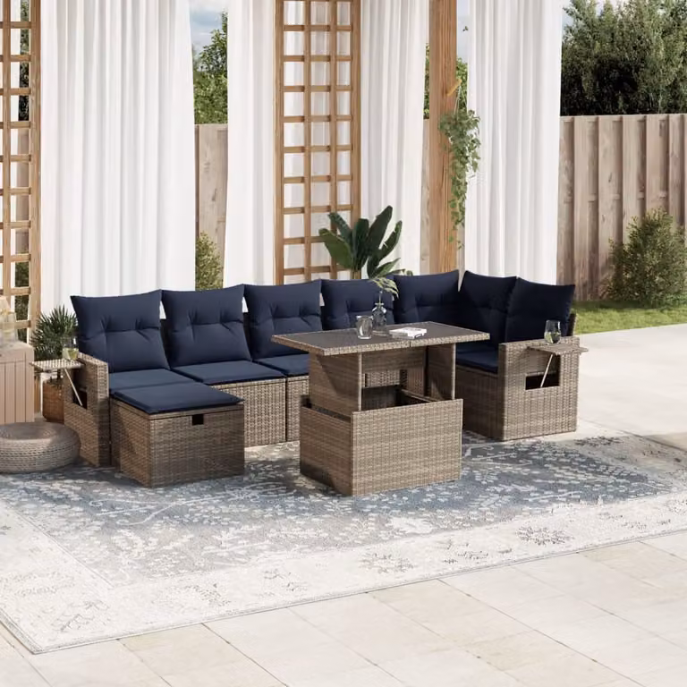 Set di divani da giardino vidaXL in polyrattan con cuscini, 8 pezzi, colore grigio e blu