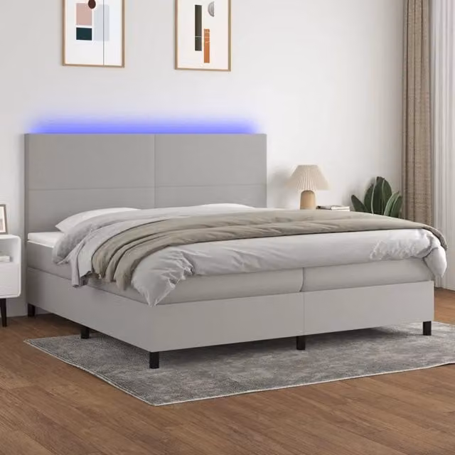 Letto a molle vidaXL con illuminazione LED e porta USB, rivestito in tessuto grigio e bianco, L/P: 200 x 200 cm – 1