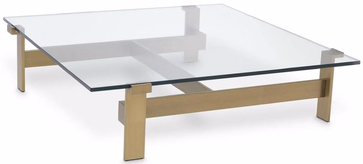 Tavolino Casa Padrino colore ottone 120 x 120 x H. 30 cm - Tavolo da salotto quadrato in acciaio inox con piano in vetro - Mobili da salotto - Qualità lusso